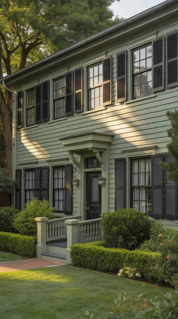 Sage Green with Black Shutters and Trim