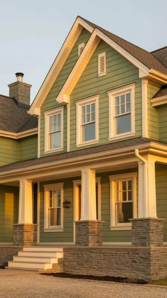 Sage Green with Cream Trim and Stone Features