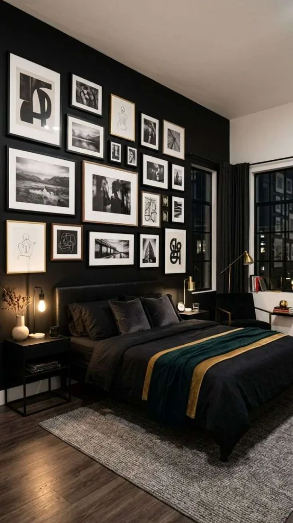 Black Bedroom for a Bold Modern Retreat 12 Black Gallery Wall Display