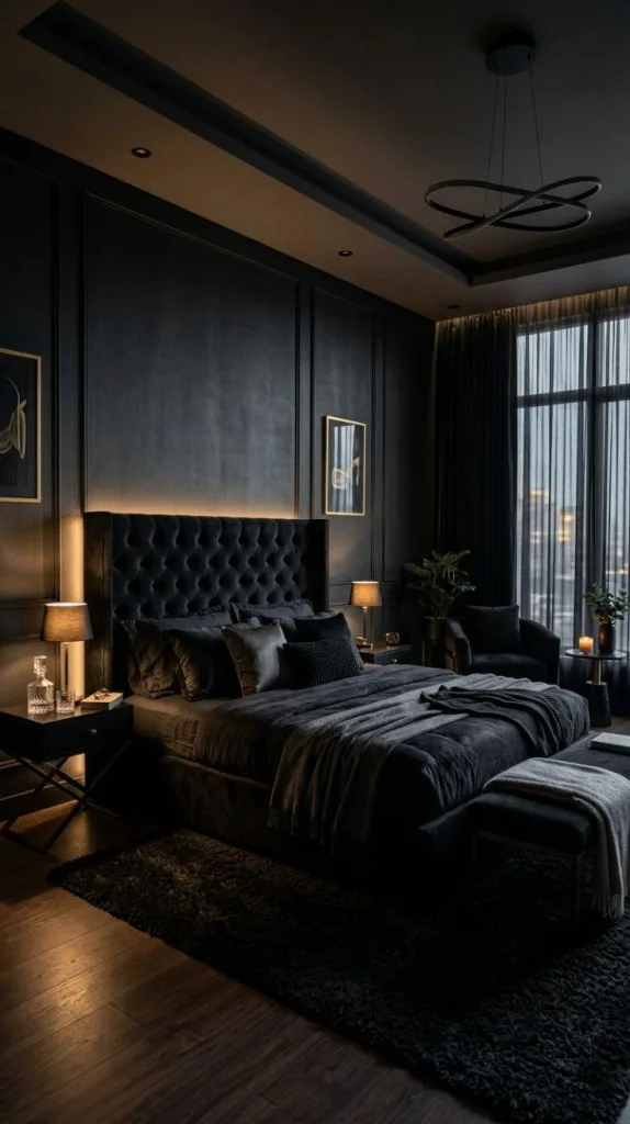 Black Bedroom for a Bold Modern Retreat 9 Black Moody Lighting