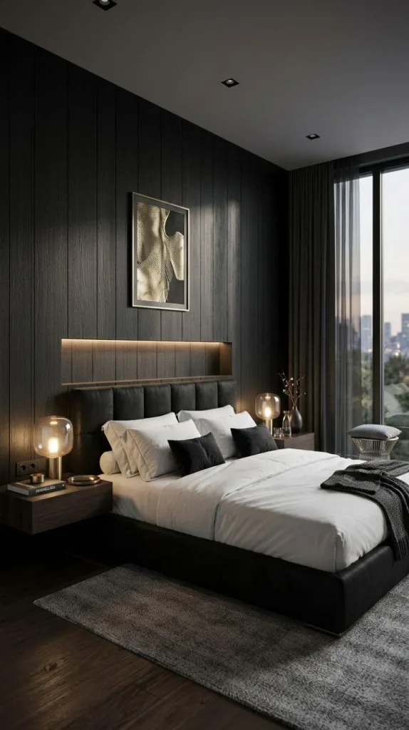 Black Bedroom for a Bold Modern Retreat 6 Black Wood Panel Walls