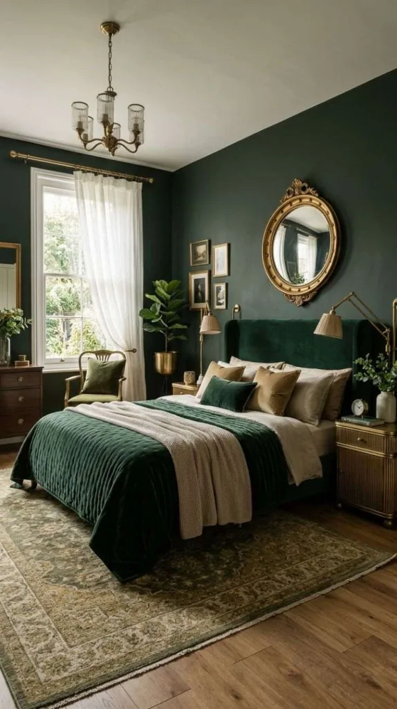 Dark Green Bedroom Ideas for a Cozy Elegant Retreat 8 Brass Accent Styling