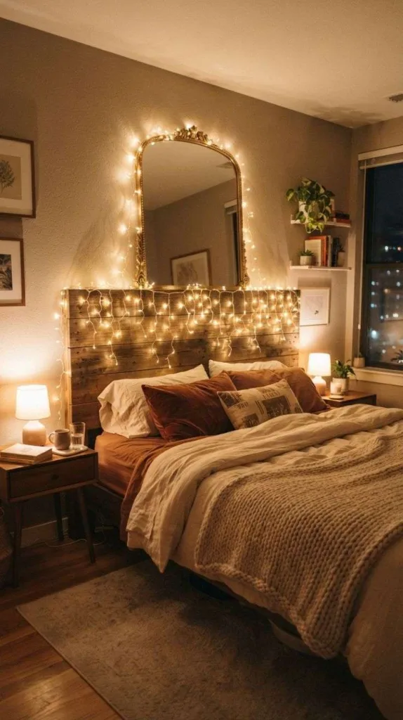 8+ Cozy Bedroom for a Relaxing Space at Home 3 Golden Fairy Light Glow