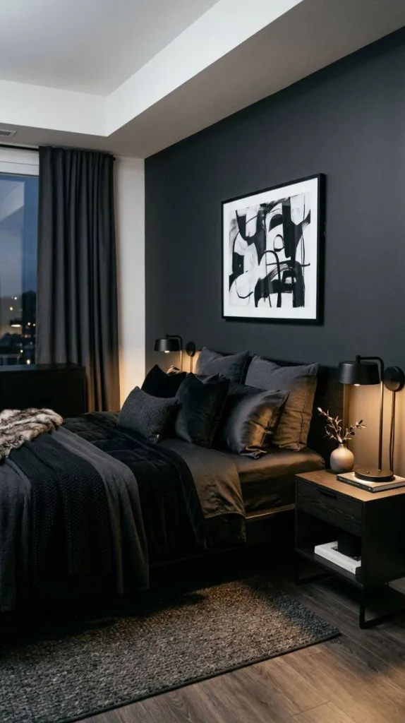 Black Bedroom for a Bold Modern Retreat 4 Layered Black Bedding