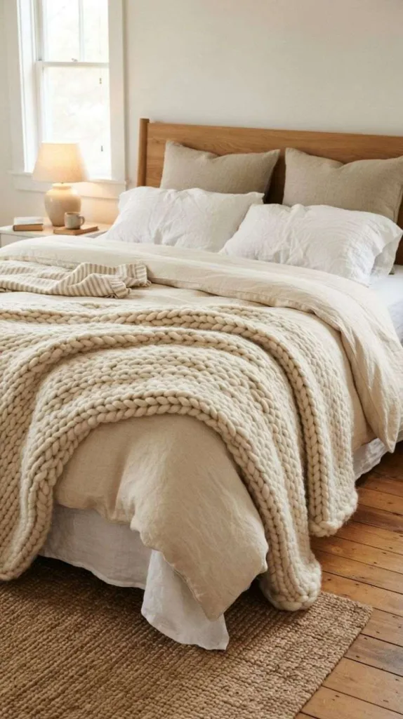 8+ Cozy Bedroom for a Relaxing Space at Home 4 Layered Chunky Knit Bedding