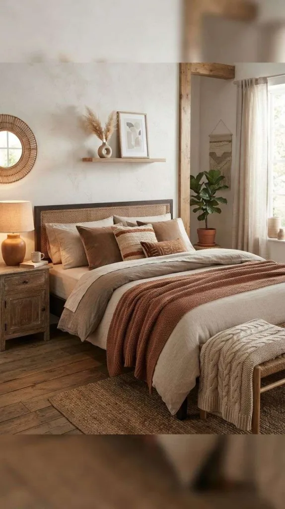 9+ Cozy Bedroom Ideas for a Warm Retreat at Home 3 Layered Earth Tone Textiles