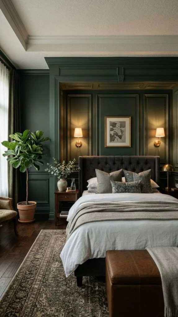 Dark Green Bedroom Ideas for a Cozy Elegant Retreat 9 Paneled Alcove Feature
