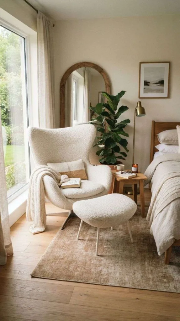 9+ Cozy Bedroom Ideas for a Warm Retreat at Home 4 Soft Bouclé Chair Comfort