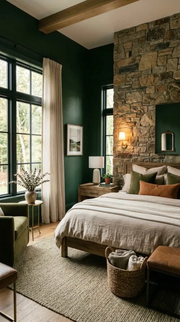 Dark Green Bedroom Ideas for a Cozy Elegant Retreat 10 Stone and Green Harmony