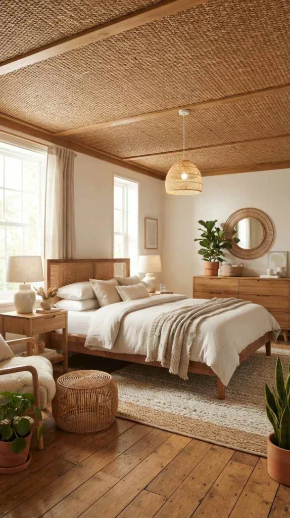 9+ Cozy Bedroom Ideas for a Warm Retreat at Home 12 Woven Rattan Ceiling Feature