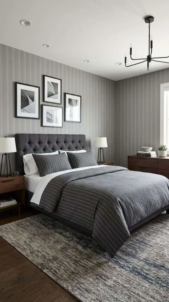 Masculine Bedroom Ideas for a Stylish Modern Retreat 3 Charcoal Pinstripe Retreat