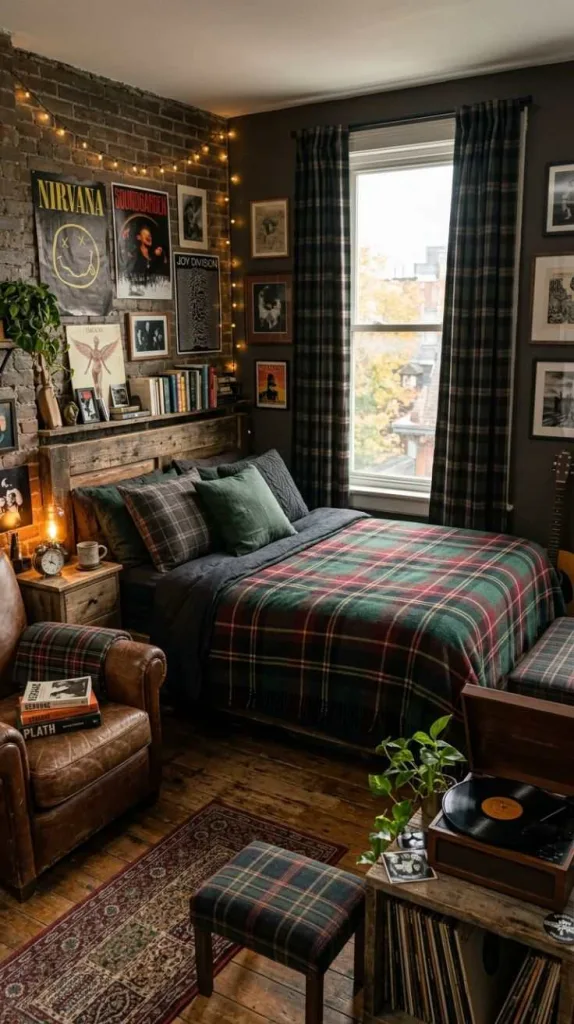 Grunge Bedroom Ideas for Moody Alternative Interiors 10 Dark Plaid Accent Decor