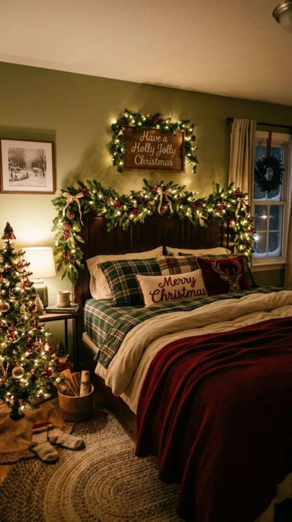 Christmas Bedroom Ideas for a Cozy Festive Retreat 3 Evergreen Garland Headboard