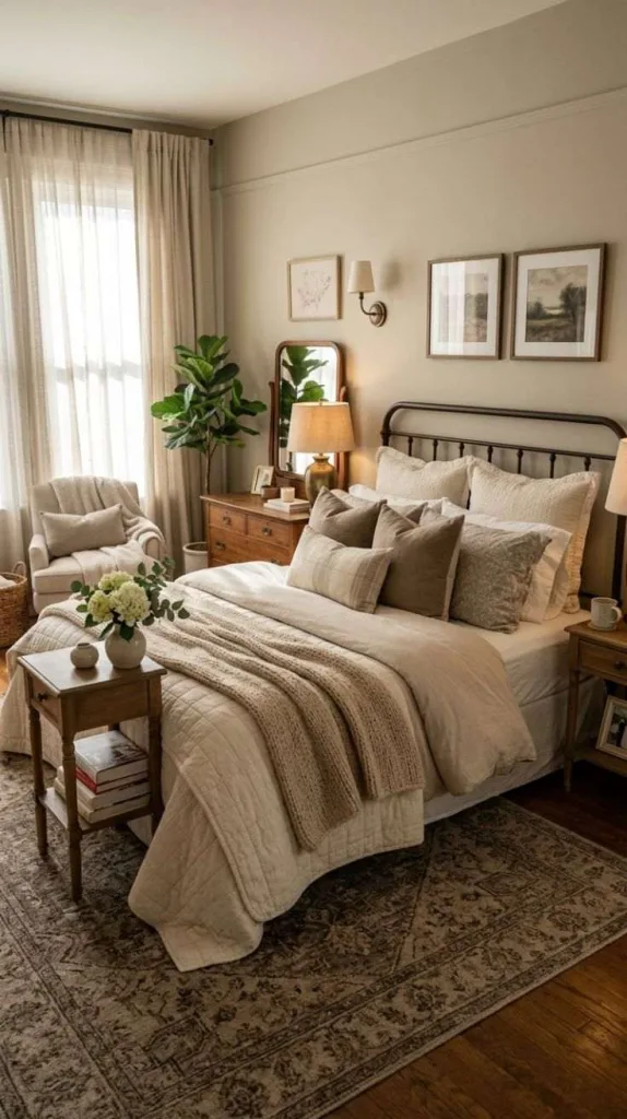 Nancy Meyers Bedroom Ideas for a Cozy Classic Retreat 3 Layered Neutral Bedding