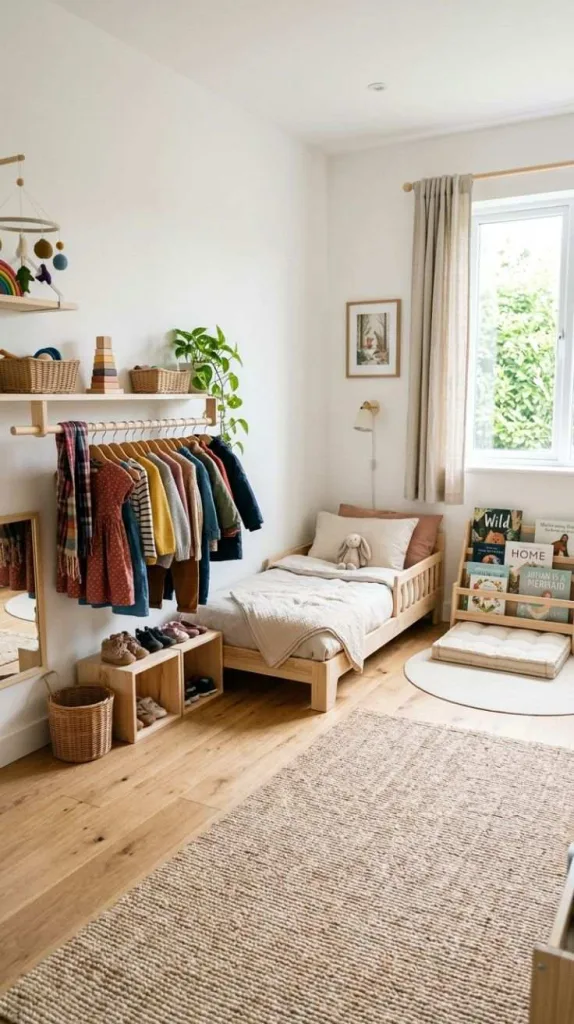 Montessori Bedroom Ideas for a Calm Child-Friendly Space 8 Low Hanging Clothing Rail