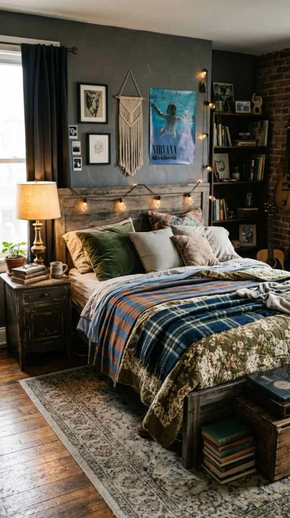 Grunge Bedroom Ideas for Moody Alternative Interiors 8 Mismatched Bedding Layers