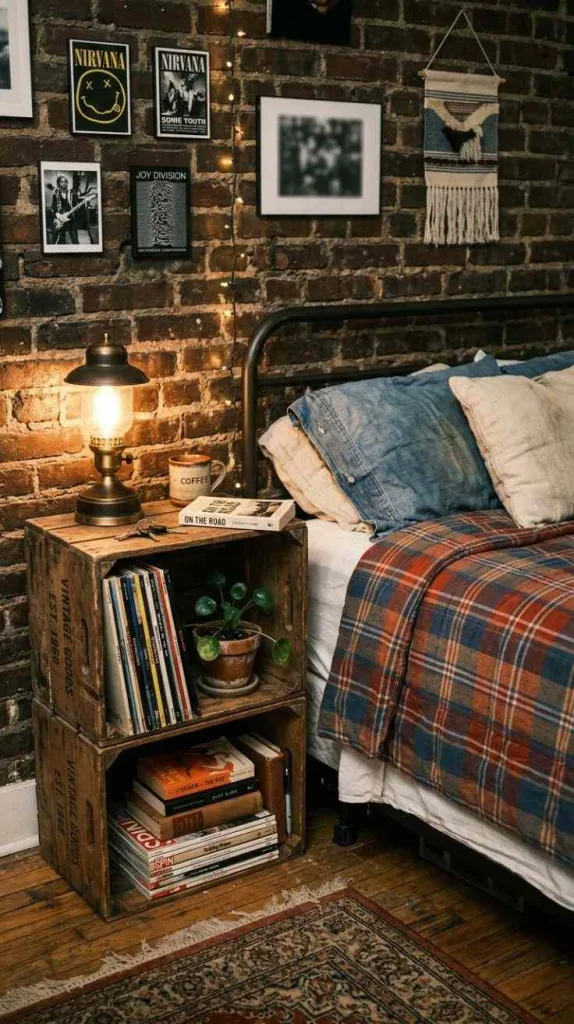 Grunge Bedroom Ideas for Moody Alternative Interiors 9 Repurposed Crate Nightstand