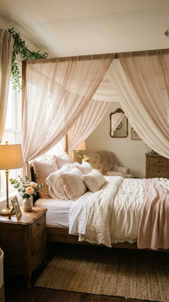 Romantic Bedroom Ideas for Couples to Create Cozy Moments 4 Sheer Canopy Bed Styling