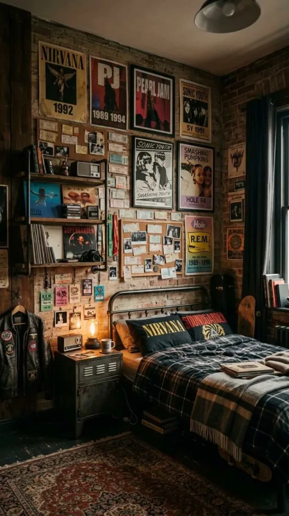 Grunge Bedroom Ideas for Moody Alternative Interiors 11 Vintage Concert Memorabilia