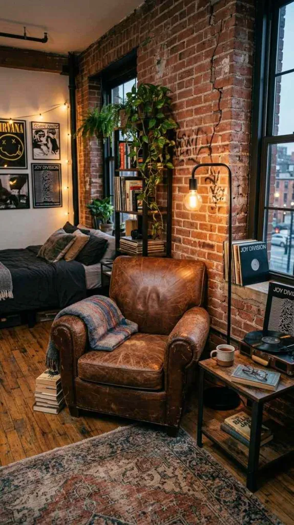 Grunge Bedroom Ideas for Moody Alternative Interiors 12 Worn Leather Seating Corner